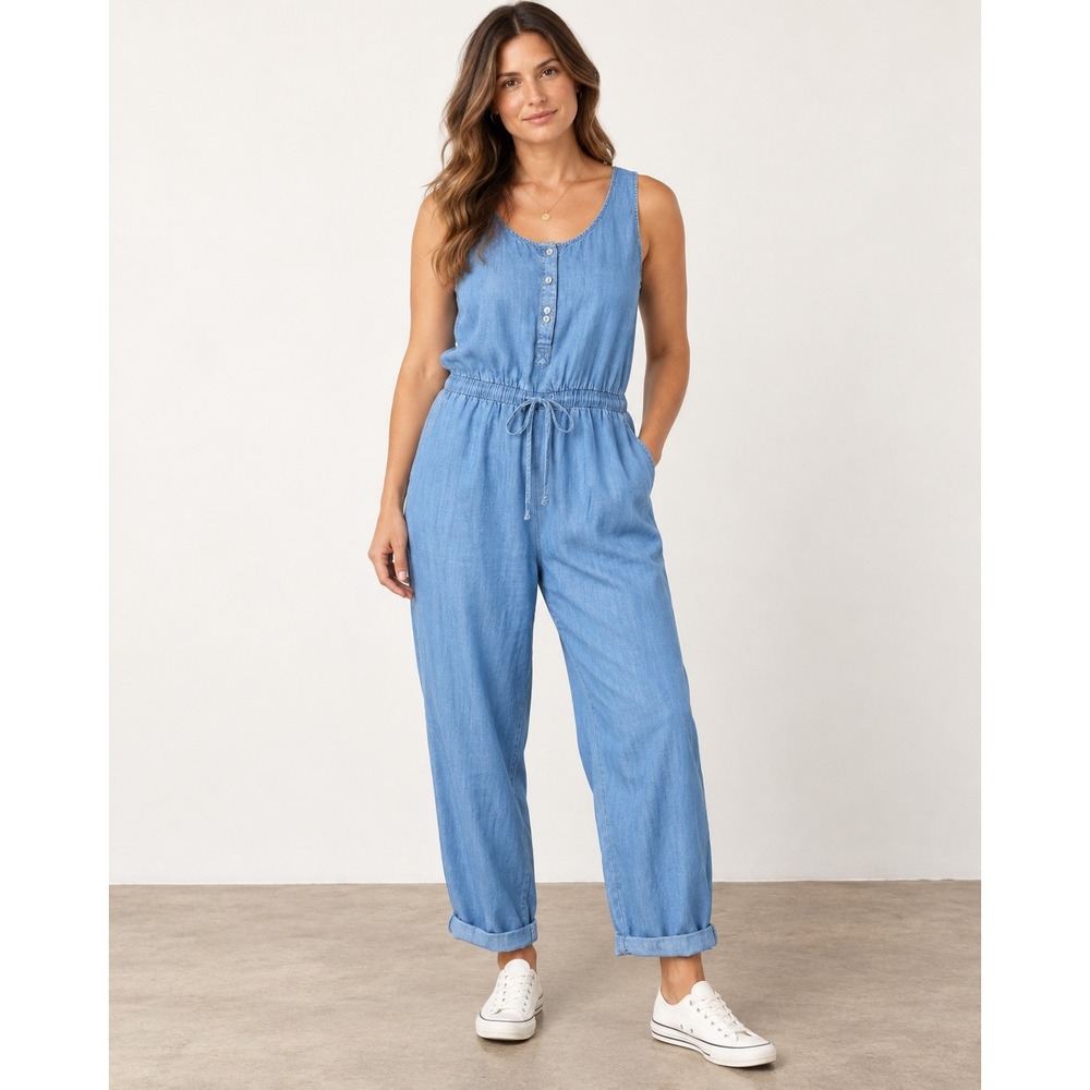 Knox Rose Blue Chambray Sleeveless Drawstring Waist Jumpsuit Medium NWT